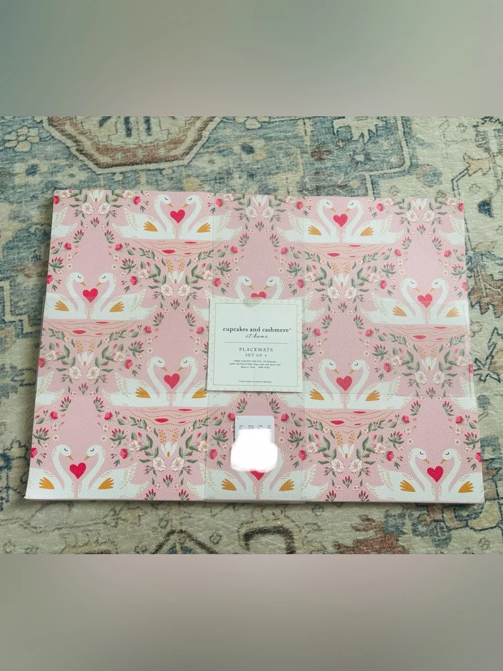 cupcakes & cashmere Pink Swan Placemat Set - Floral Heart Motif